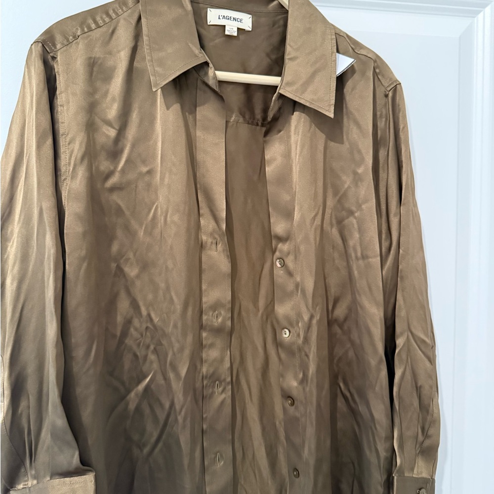 L'AGENCE Olive 100% Silk Button-Up Shirt